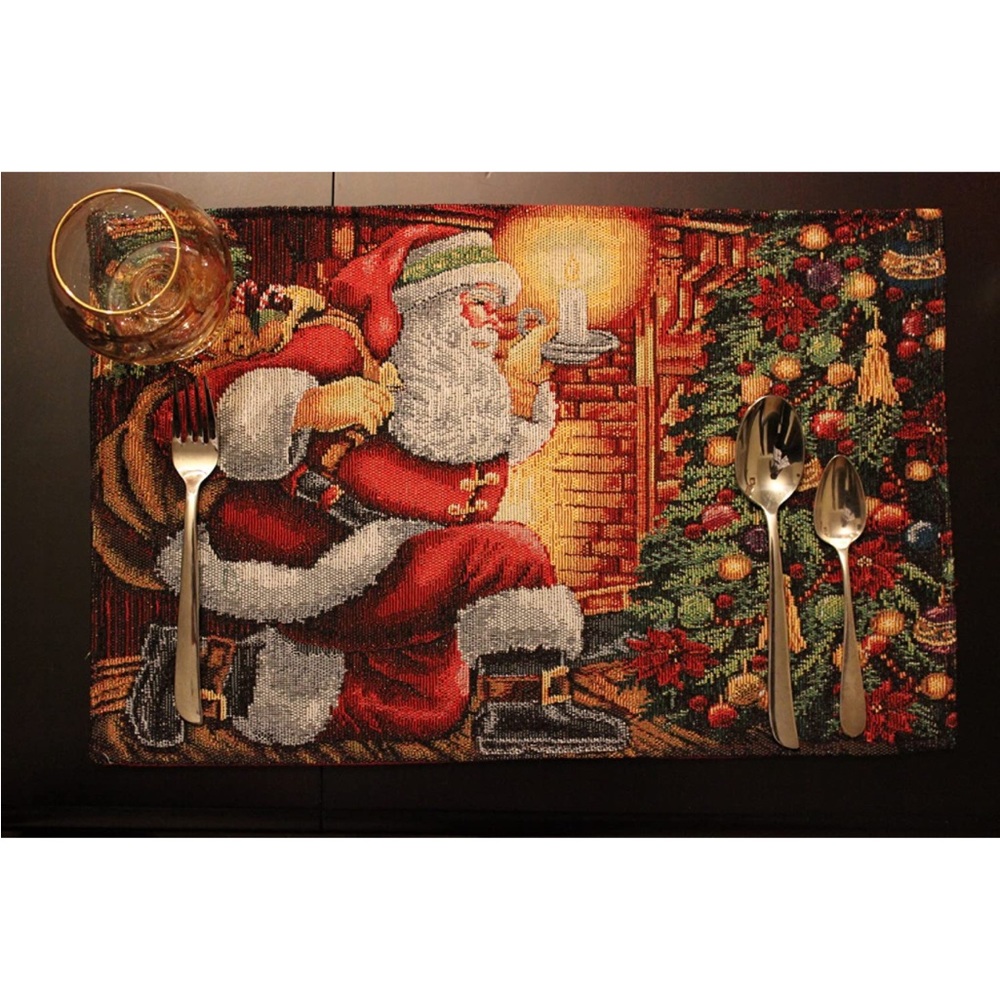 NWOT Christmas Holiday Santa Down The Chimney Woven Tapestry Placemats Set of 4